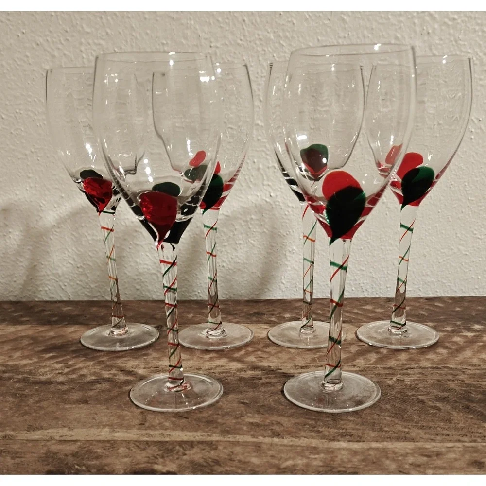 Pier 1‎ OPTIC RIBBON  Hand Blown Glass Wine Goblets Set Of 6 Christmas Red Green